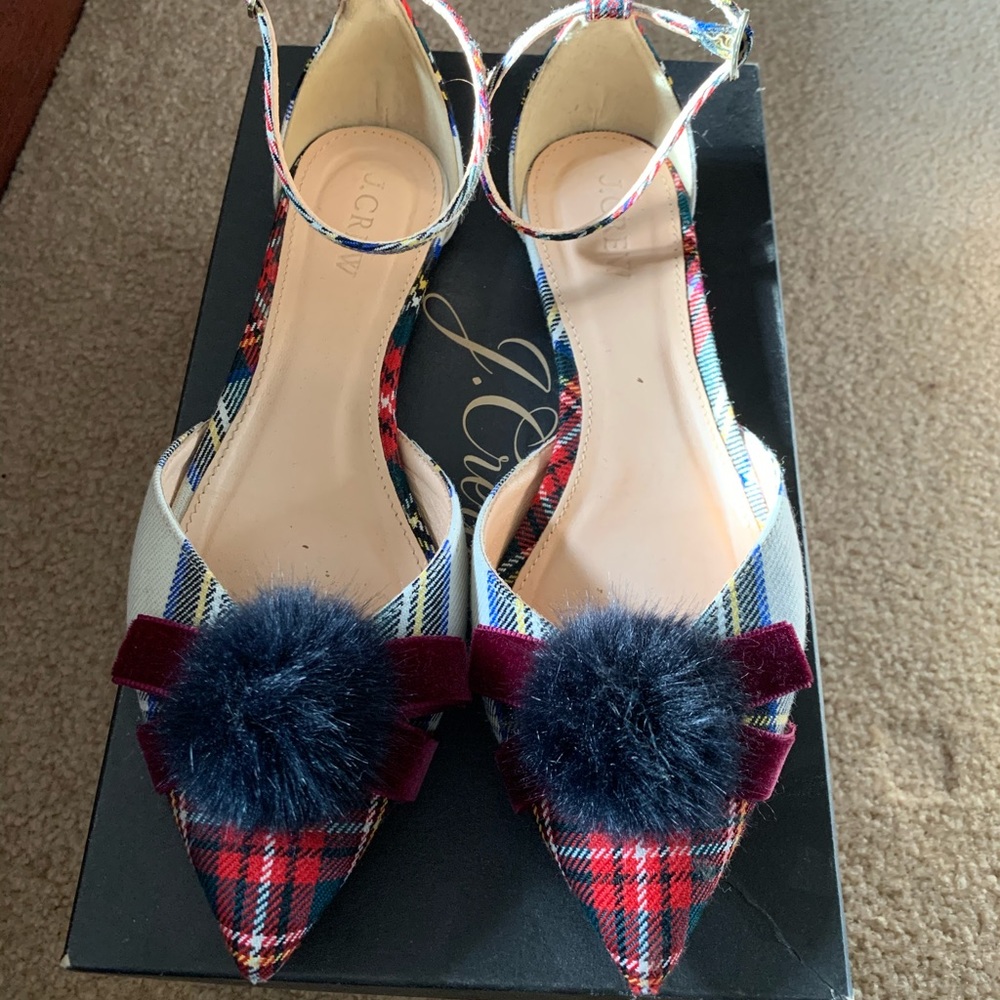 J. Crew Sadie pop-Pom ankle strap flats in tartan